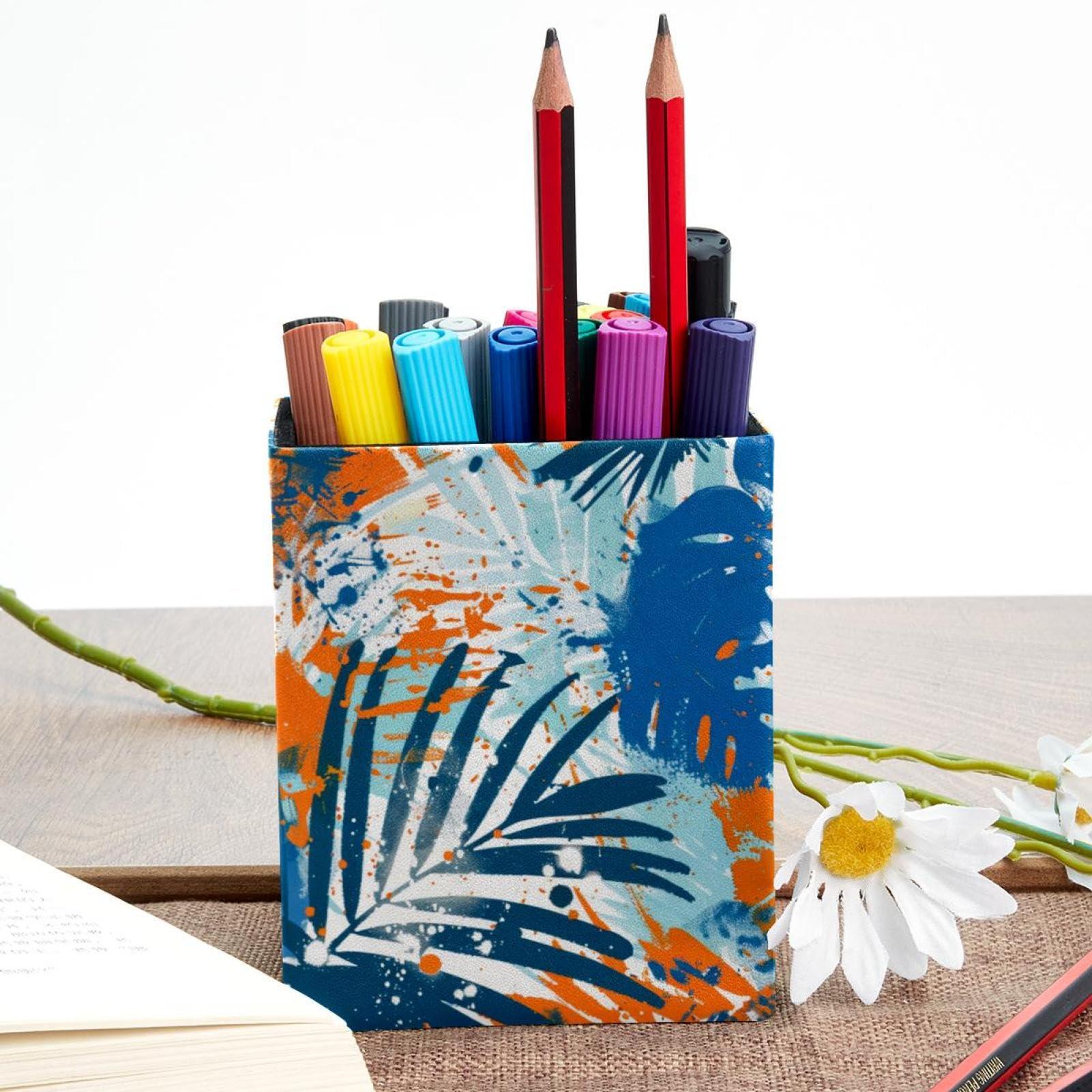 FNETJXF FNETJXF Makeup Brush Holder, Desktop Organizer, Pen Organizer, Orange Blue Tropical Leaves Abstract, Multi-Functional Desktop Organizer