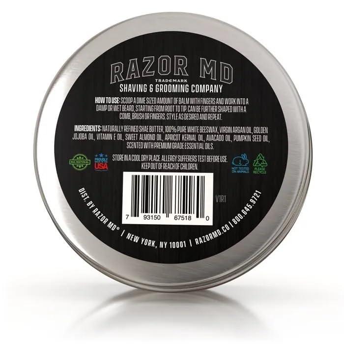 Razor MD Razor MD Natural Beard Balm for Men, Non-Greasy Styling, Ideal for Beard Growth, Grooming and Care, Patchouli & Lemon Scented, 2 oz