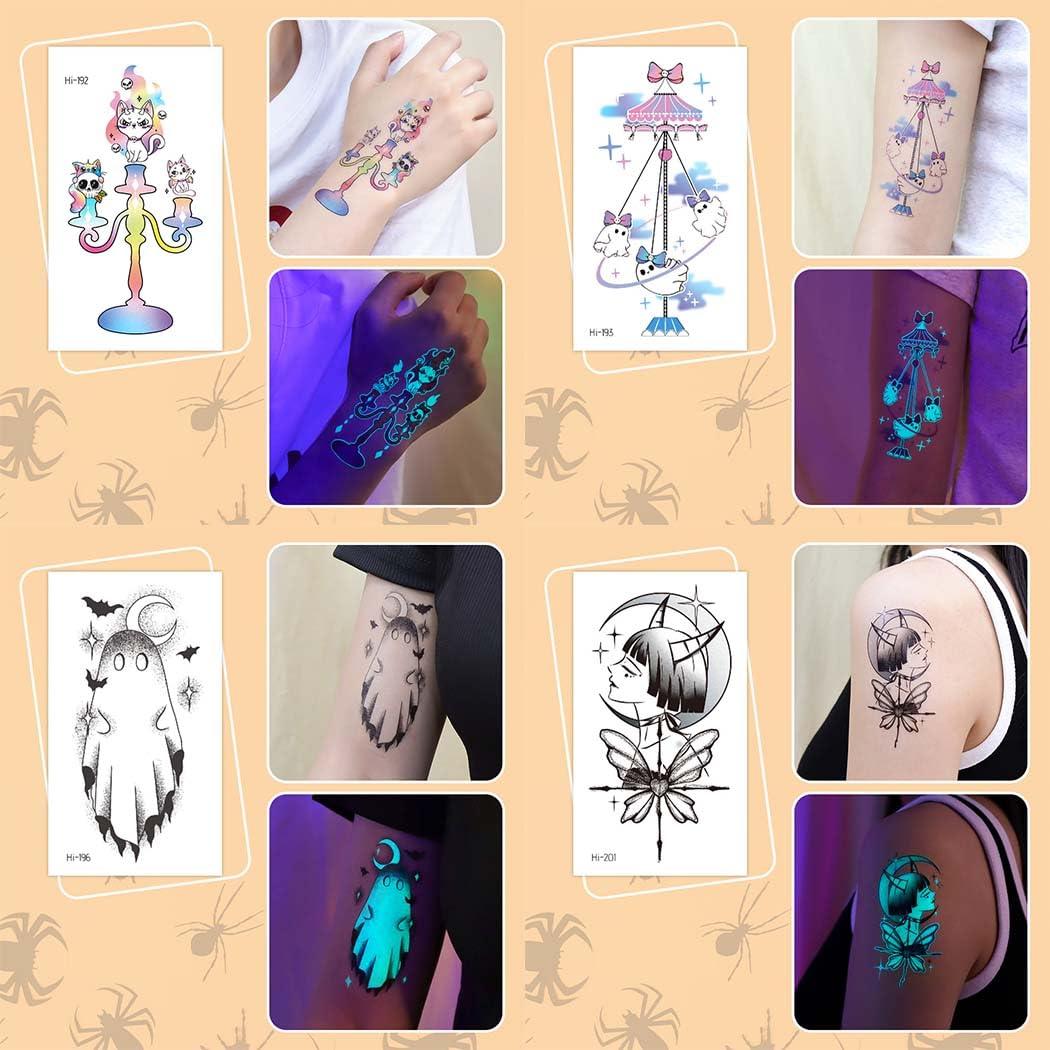 Uranian Uranian Luminous Halloween Temporary Tattoos Glow in the Dark Halloween Tattoo Stickers Body Face Tattoos Halloween Party Makeup Supplies for Women (Halloween A)