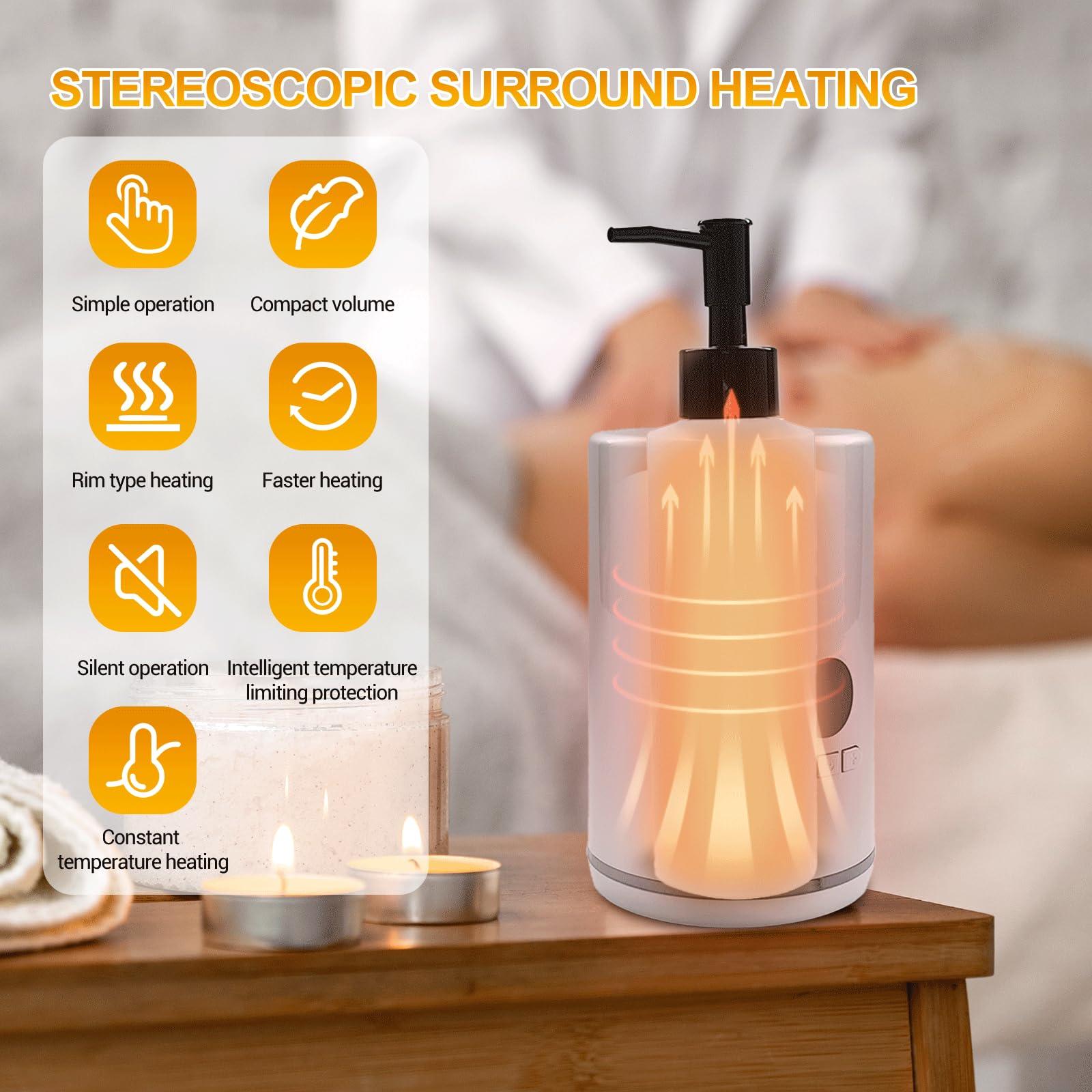 Mezsocly Oil Warmer for Massage oil warmer for scented oil, Massage Oil Warmer, lotion warmer, Body Oil Heater for Spa, Salon and Barber Shops, with Two Oil Bottle Dispenser, Constant Temperature, Silver