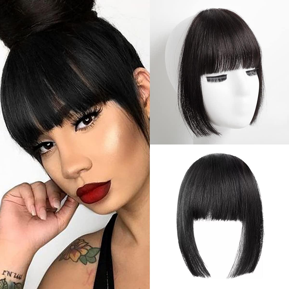 VAVANGA VAVANGA Clip in Bangs Straight Synthetic Black Hair Princess Cut Bangs Hair Piece Fringe with Temples Flat Neat Bangs Hair Extension Clip on Bangs for Women(1B#-HL02, 10")