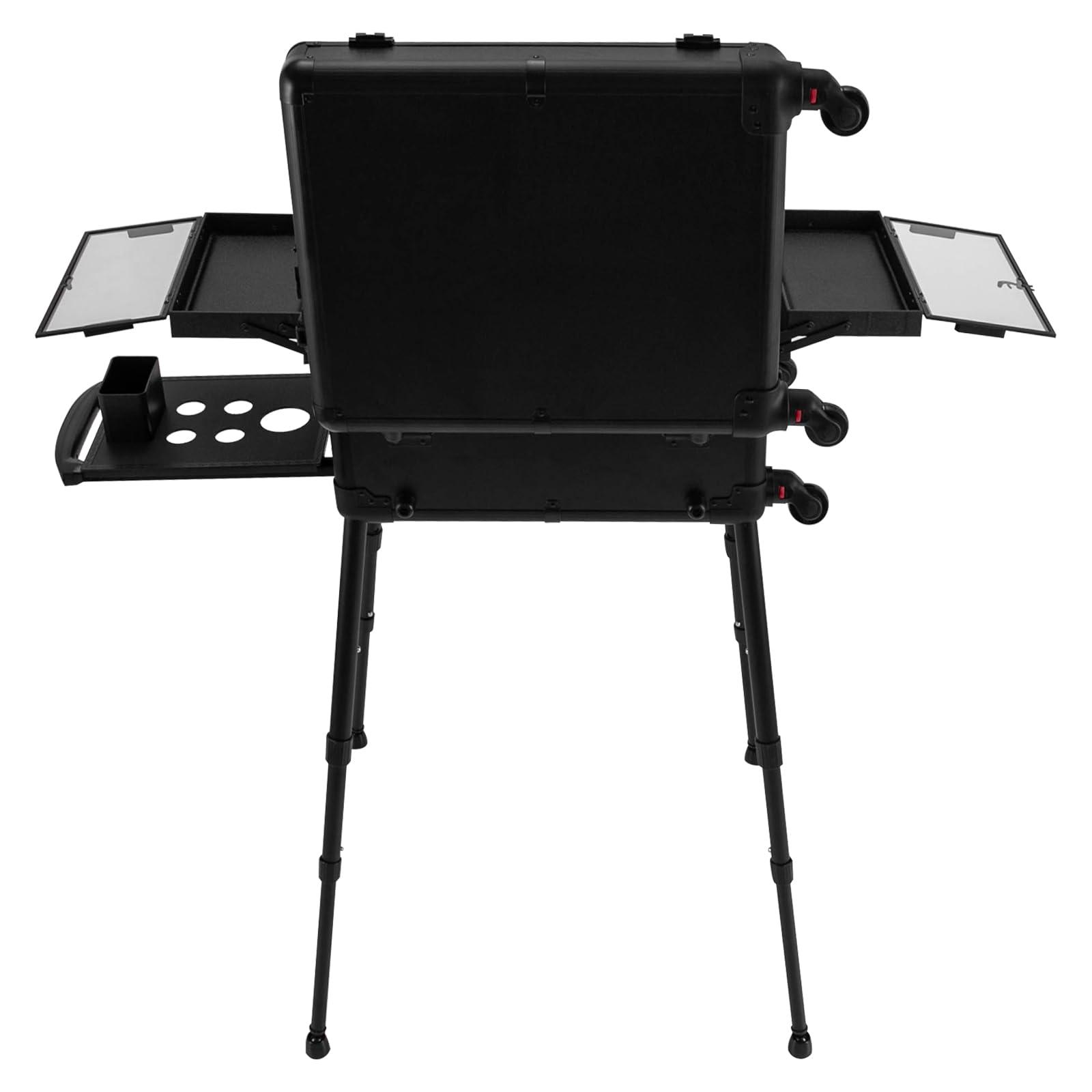 Blisiour Aluminum Trolley Makeup Train Case with 8 Led Light & Stands Rolling Cosmetic Organizer Studio with Mirror & Removable Universal Wheels & Main Case and 4 Compartments (Black)