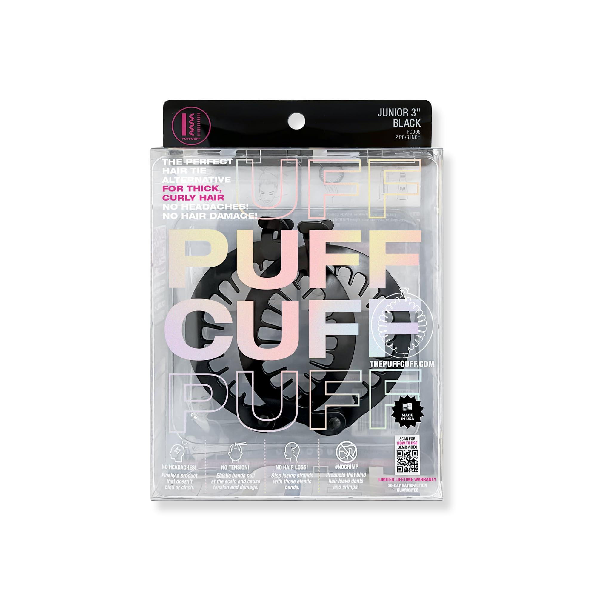 PuffCuff PuffCuff Junior 3\" Hair Clamp, For All Natural Curly, Thick, Kinky, Textured, Locs, or Braided Hair, Painless, Damage-Free Styling Tool Made Specifically for Big Hair, Black, 2 Pieces