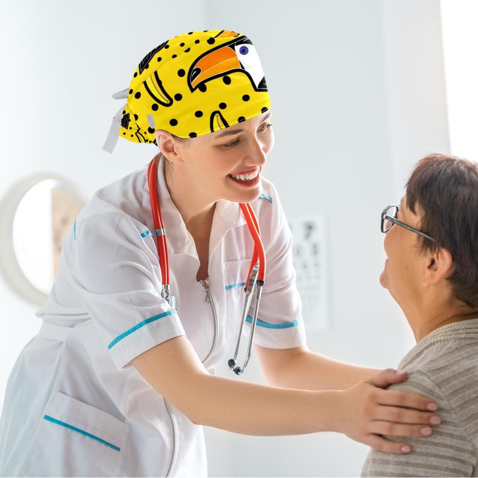 Vcedizo Toucan Birds Banana Dot Scrub Cap Women Ponytail Adjustable Tie Back Hat Surgical Hat with Bow Hair Scrunchy