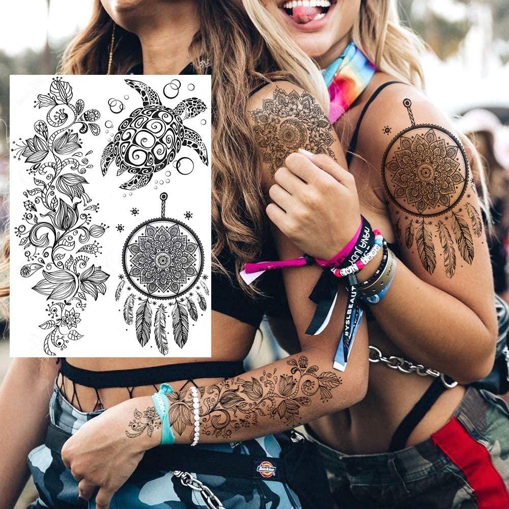 FANRUI 6 Sheets FANRUI Black Henna Temporary Tattoos For Women Lace Mehndi Mandala Flower Tatoos Ink Large Waterproof Lotus Fake Jewelry Pendant Butterfly Tattoo Stickers Kit Wedding Dreamcatcher Feather