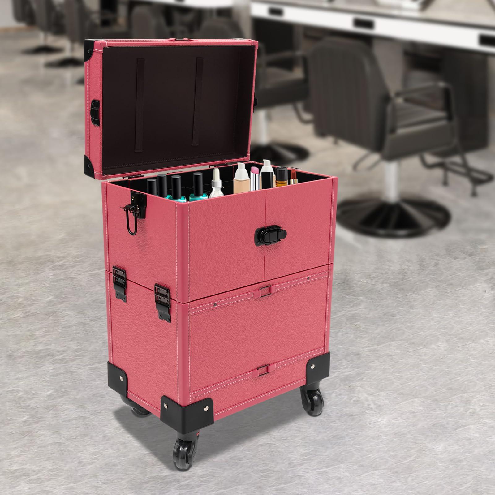 NOLANTISI NOLANTISI Makeup Rolling Train Case with Hairdryer Holder, Professional Cosmetic Case Hair Salon Trolley Stylist Beauty Station Travel Organizer Lockable Box with Hair Roller Holder (Rose)