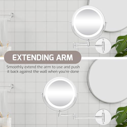 OVENTE OVENTE 9" Lighted Wall Mount Makeup Mirror with 1X/10X Magnification, Cordless Double Sided Magnifying Round Vanity Mirror, 360 Swivel Design, Extendable and Folding Arm, Polished Chrome MFW85CH1X10X