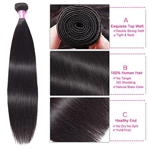 FQ Peruvian Straight Human Hair Bundles with Closure(16 18 20+12) Unprocessed Virgin Human Hair 3 Bundles with Closure 10A Straight Hair Weave Bundles with Lace Closure Natural Color