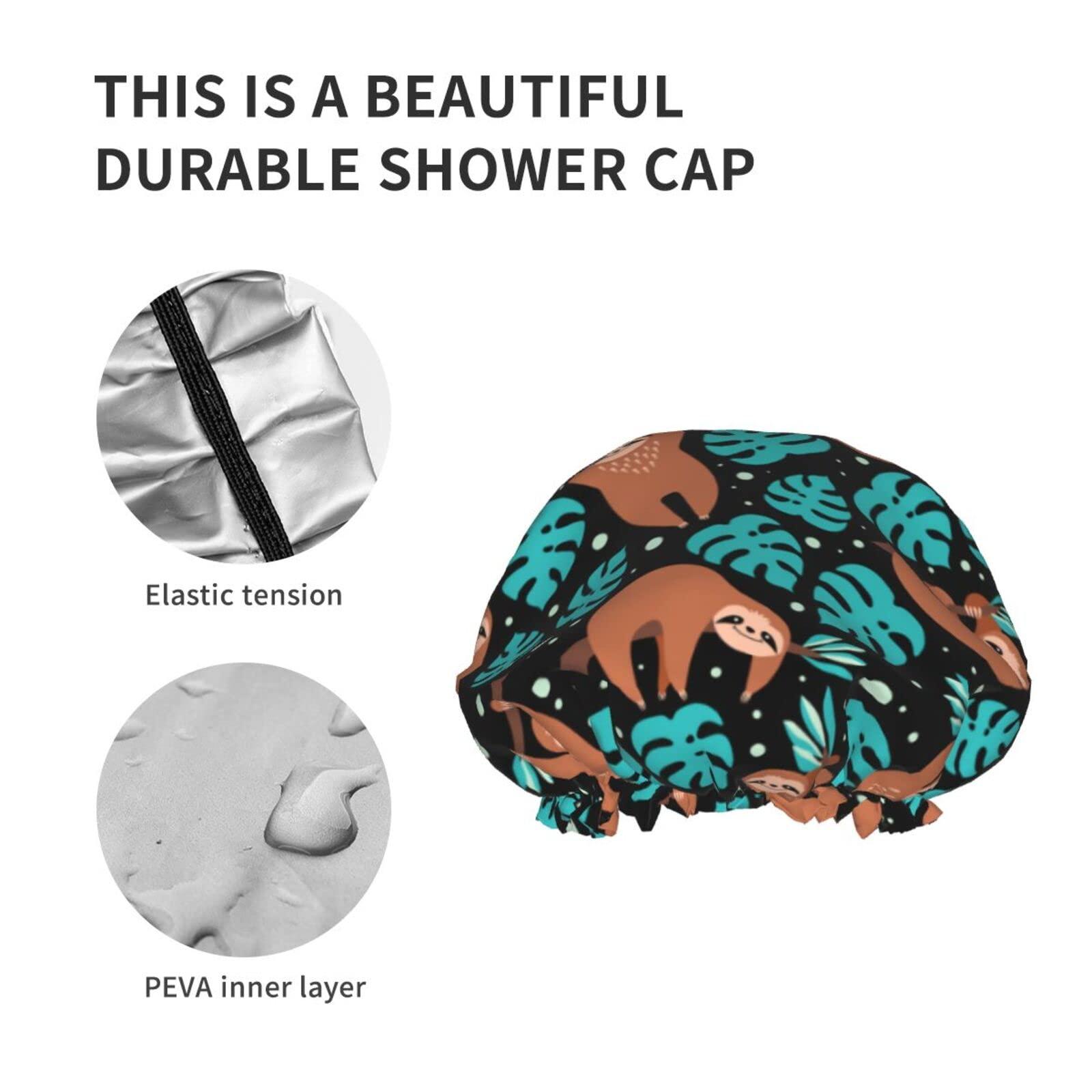 IDNUYIA Cute Sloth Shower Cap For Women, Layers Bathing Shower Reusable Elastic Band Stretch Hem Hair Hat