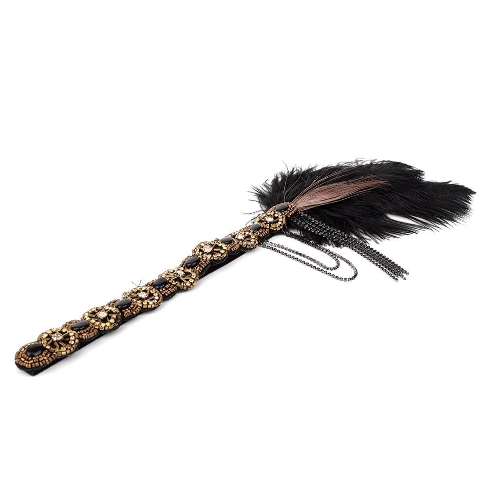 Aimimier Aimimier 1920s Flapper Feather Headband Crystal Tassel Black Headpiece with Beaded Elastic Head Chain Masquerade Hair Accessories for Women
