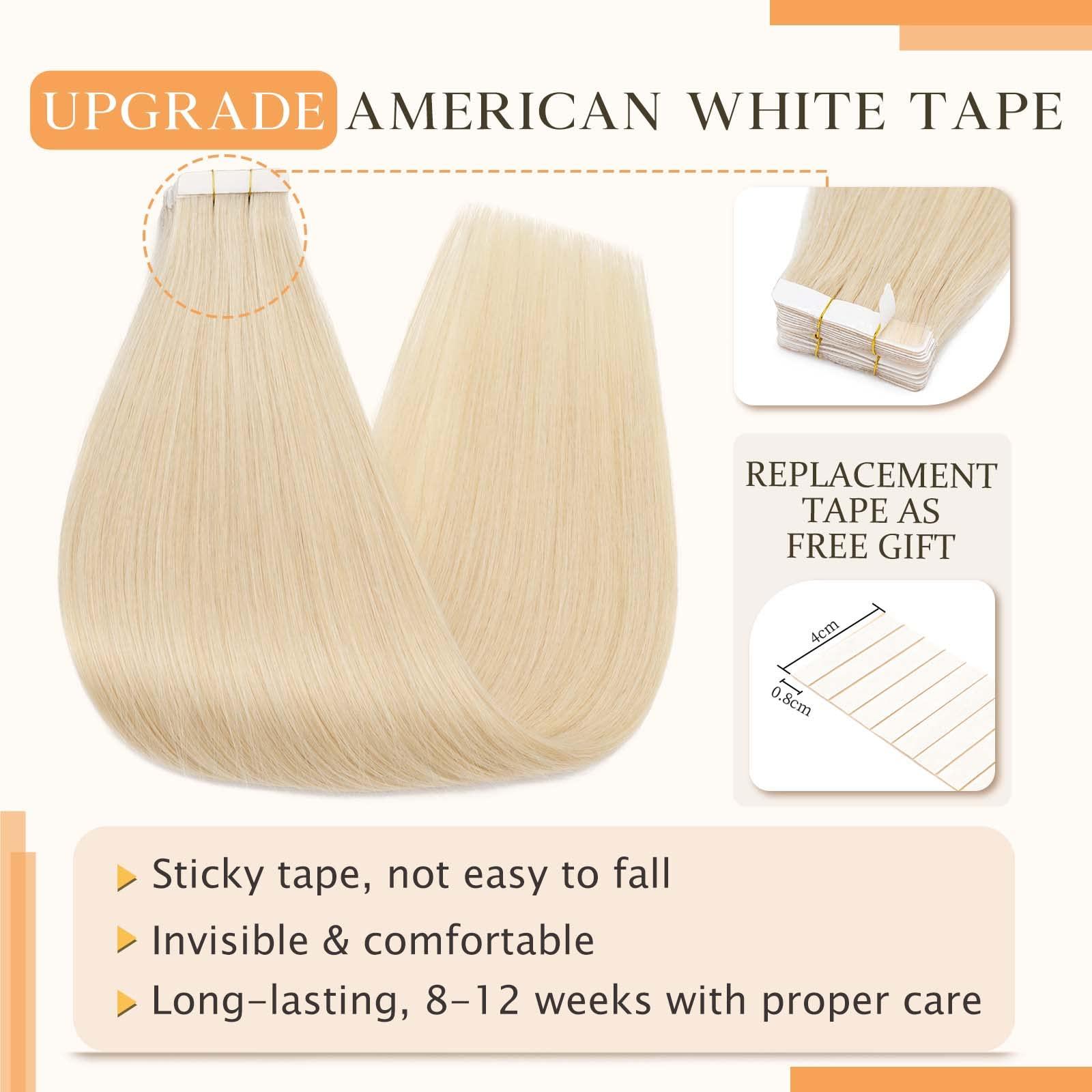 Hairro Hairro Tape In Hair Extensions Human Hair Tape Ins Glue In Skin Weft Rooted Tape On Hair Extensions Seamless Invisible Blonde Hair Extensions For Women 20 inch 30g 20pcs #60 Platinum Blonde
