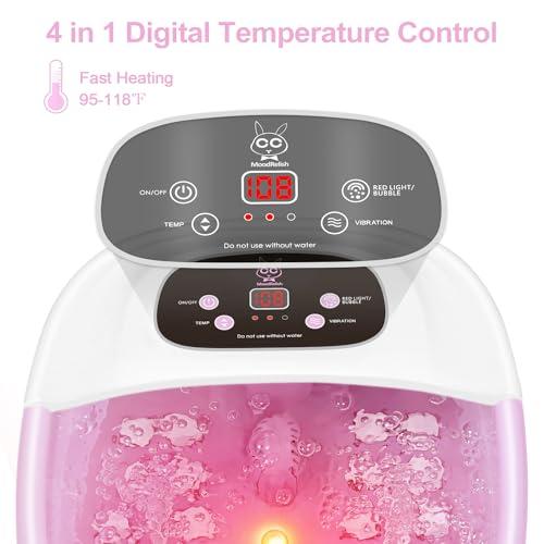 MoodRelish Foot Spa Bath Massager with Heat Bubbles and Vibration Massage and Jets, 16 OZ Calming Lavender Foot Soak Epsom Salt, Foot Soaker with Red Light, 22 Massage Rollers, Adjustable Temp - Pink