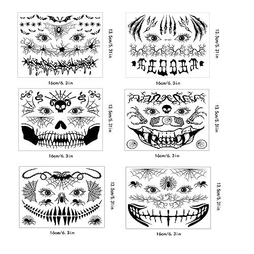 Doneace 10 Sheets Halloween Glow In The Dark Tattoos Face Luminous Temporary Tattoo Waterproof Last Long Glitter Tattoos Stickers Scary Zombie Makeup Kit For Kids Women Girls Boys Adults Party Supplies
