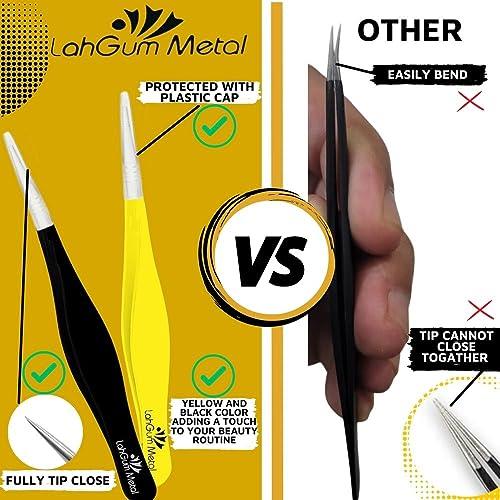 LahGum Metal Super Sharp Pointed Tweezers Precision Fine Point Tip Ingrown Hair Tweezers Kit Best Pointed Tweezers for Women Chin Hair Removal - Extra Thin Tweezers Precision Stainless Facial Hair Remover for Face