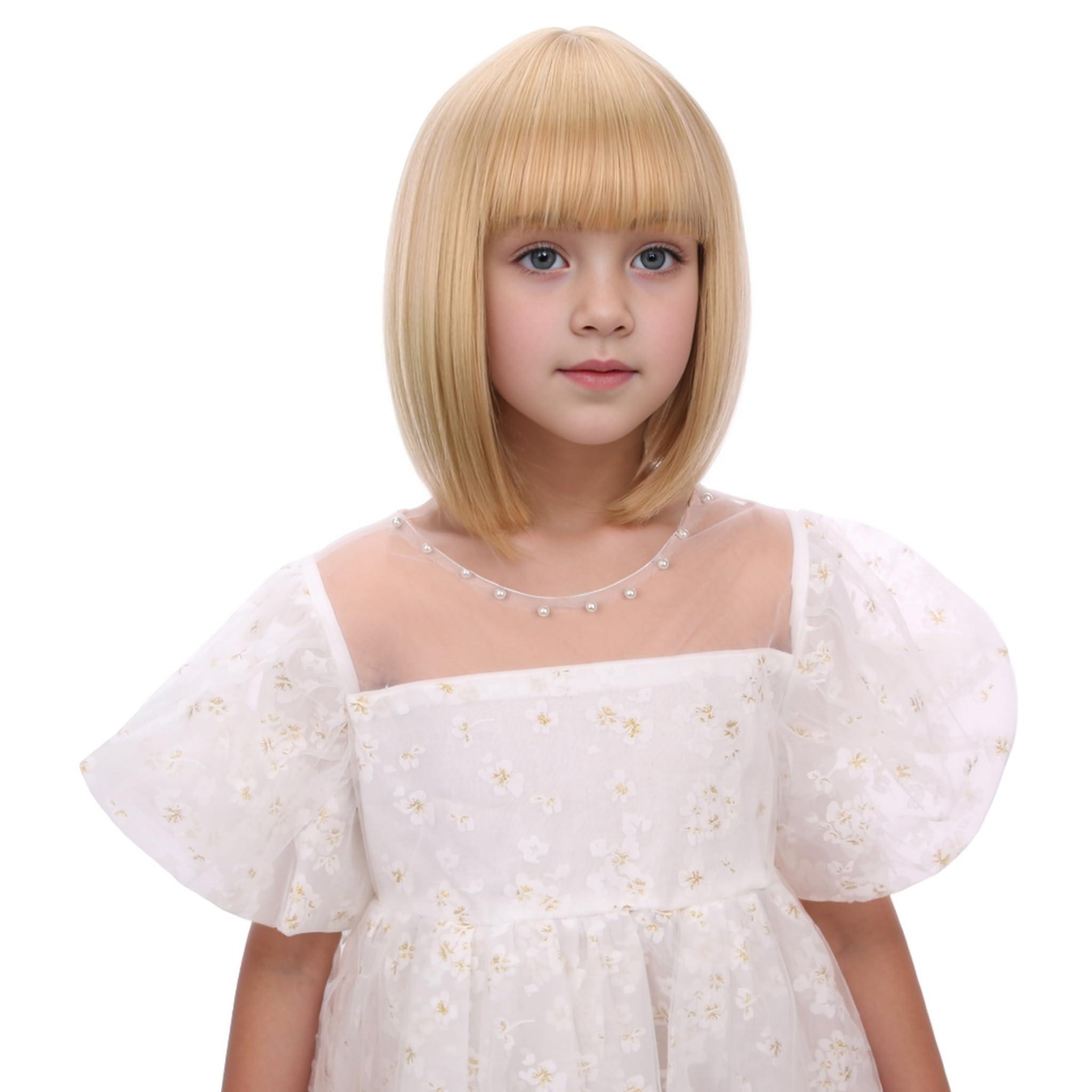 Edivd Edivd Kids Mixed Blonde Bob Wig Girls Short Blonde Bob Wig with Bangs Heat Resistant Synthetic Wig with Wig Cap