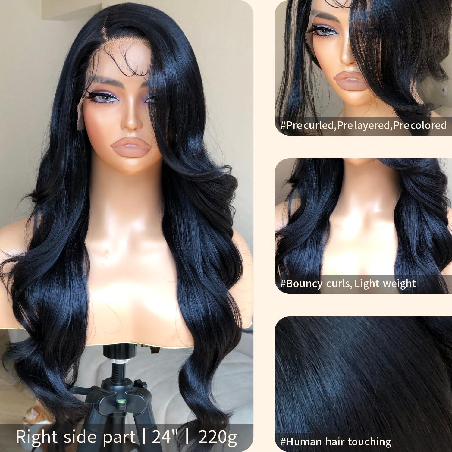 BrownBomb BrownBomb Bombshell Body Wave Wig, Synthetic Lace Front Wig Pre Plucked Glueless Ready to Wear, 13X5X1 Side Part HD Lace Wigs for Women 24inch, 1B Jet Black Wig Human Hair Luster