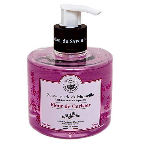 Maison du Savon Savon de Marseille - French Liquid Soap made with Organic Olive Oil - Cherry Blossom Hand Wash 33 Fl Oz and 11 Fl Oz Bottle Dispenser Pair