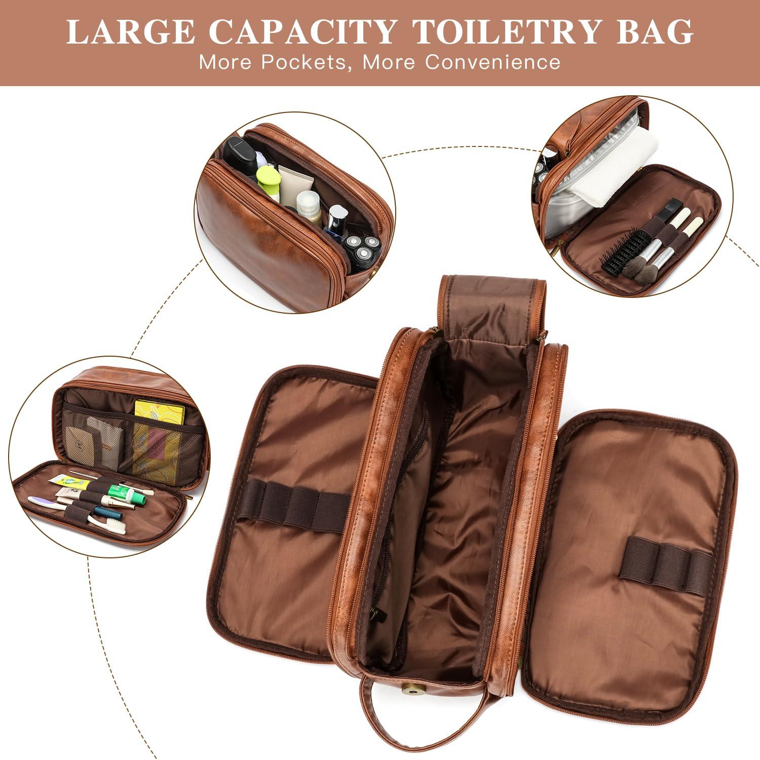 Laripwit Travel Toiletry Bag for Men Small Leather Shaving Dopp Kit Water resistant Cosmetic Toiletries Organizer Pouch Bathroom Hygiene Case Gift for Mens Brown