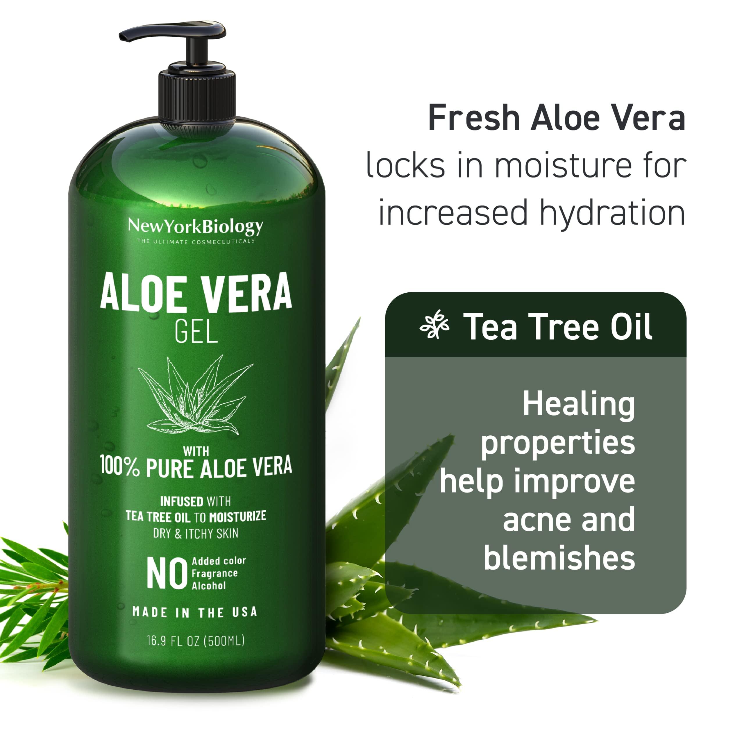 NEW YORK BIOLOGY THE ULTIMATE COSMECEUTICALS New York Biology Aloe Vera Gel for Face, Skin and Hair - Infused with Tea Tree Oil – From Fresh Aloe Vera Plant – Moisturizing Aloe Vera for Sunburn Relief and Dry Skin - 16.9 oz - Pack of 2