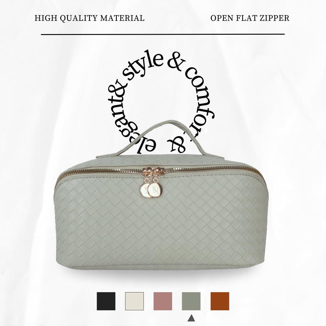 Generic Large Capacity Makeup Bag, PU Leather Makeup Bag Organizer, Toiletry Bag for Women, Travel Makeup Bag with divider, Cosmetic Bags for Women, Leather Waterproof Cosmetic Bag, Open Flat Design (Green)