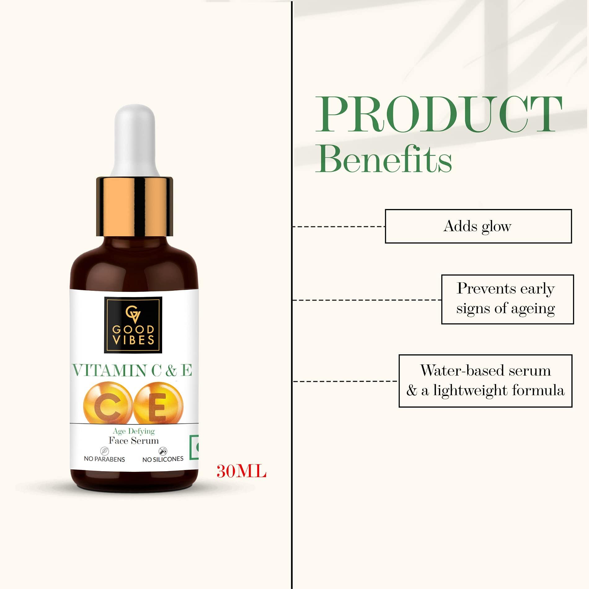 Good Vibes Good Vibes Vitamin C & E Age Defying Face Serum | Skin Tightening | Reduces Age Spots & Wrinkles | Deeply Nourishing & Hydrating Facial Serum | 1.01 Fl Oz/30ml