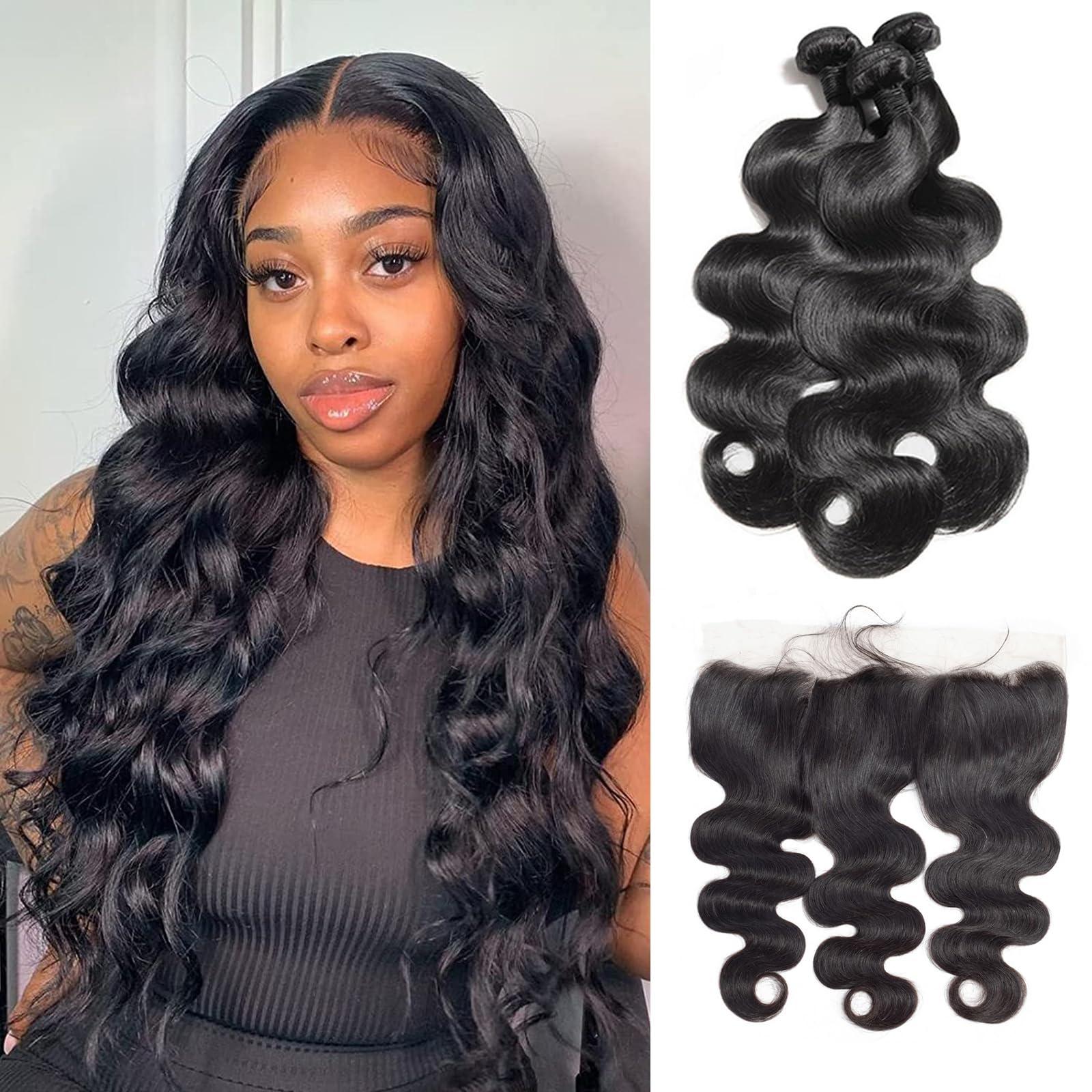 FASHOW Body Wave Bundles with Frontal 18 20 22+16 Inch 100% Brazilian Virgin Human Hair Bundles with Frontal Closure 12A Unprocessed Body Wave Weave 3 Bundles Human Hair with Frontal 13x4 HD Lace