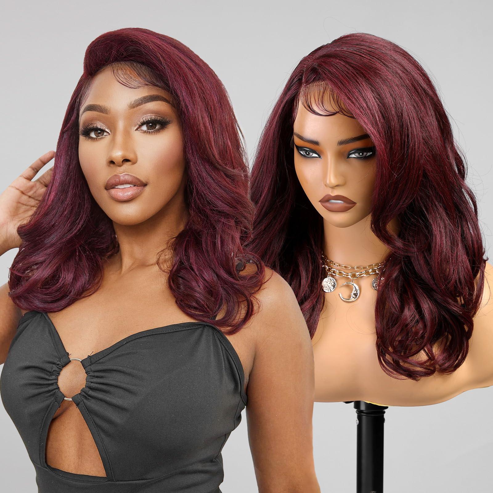 KOME KOME Burgundy Synthetic Lace Front Wig,13X5X1 Shoulder Length Body Wave Pre Plucked Glueless Bob Wigs for Women Daily Use 18IN