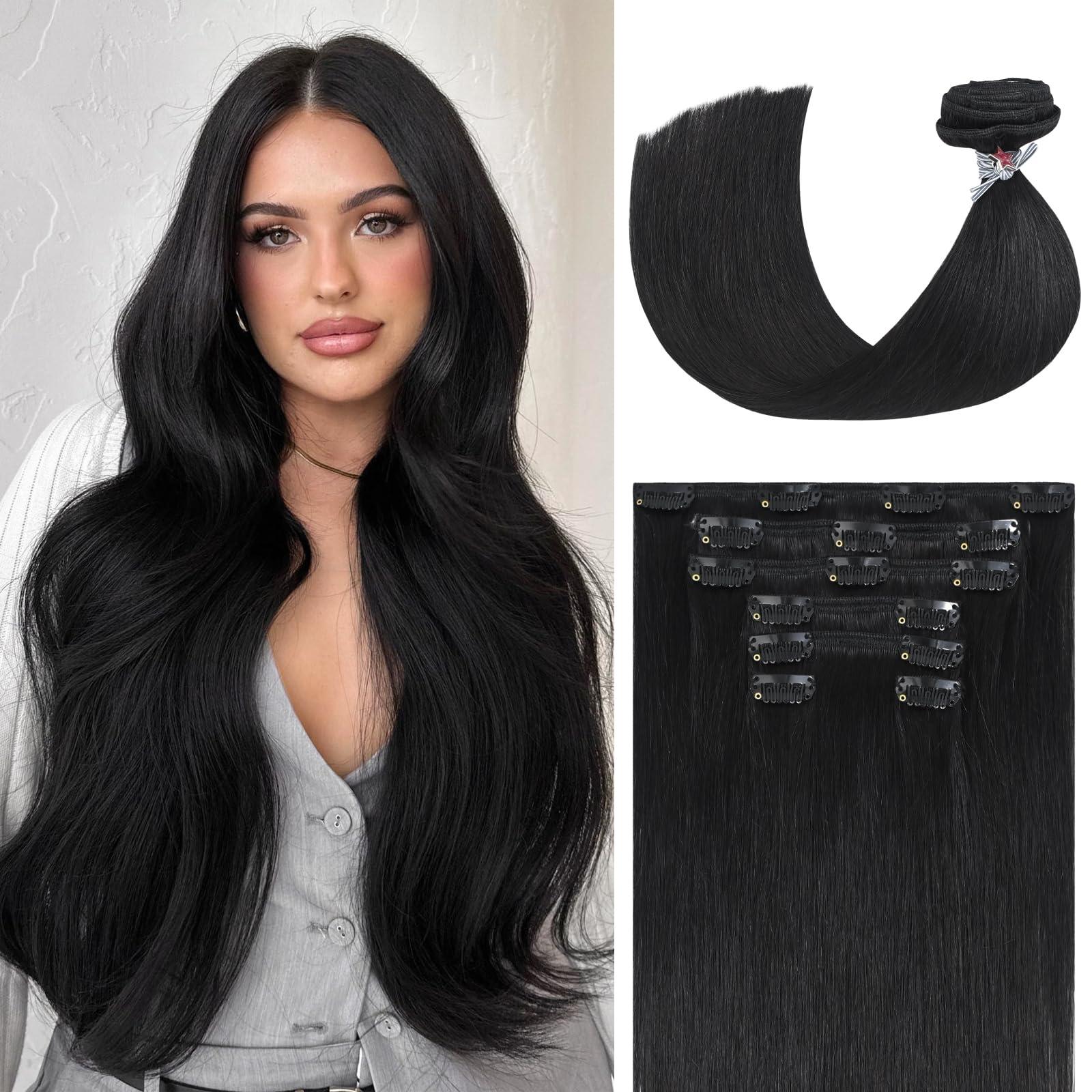 Ukira Ukira Black Hair Extensions Real Human Hair, 22 Inch 70g 7pcs Natural Black human hair clip in extensions, Soft Straight Remy Human Hair Extensons Clip in Hair Extensions Black Women
