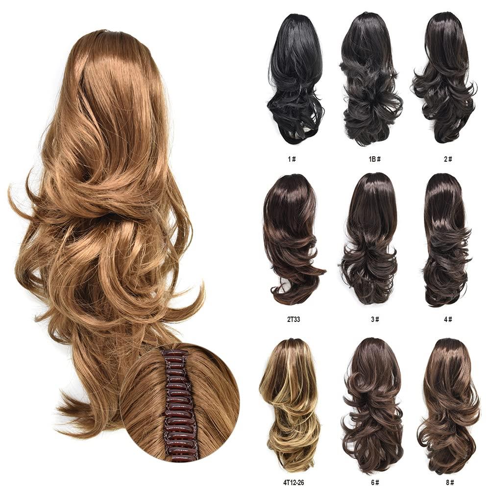 Healthlif Ponytails For Women,Hair Extensions Ponytail Fake Clip Ponytails Extension Hair pieces Clip in Claw Hair Extension Natural Looking Synthetic Hairpiece for Women Wavy Synthetic Fluffy Tangled Curly Hair Claw Girls Blonde Black Brown (14\", #R12 Brown