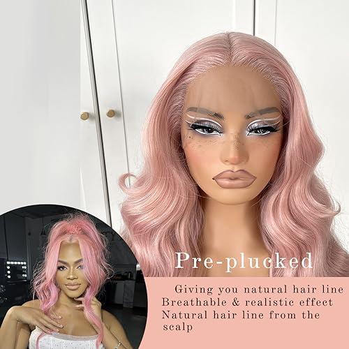 MITIMES MITIMES Pink Wigs Glueless HD Lace Front Wigs Pre Plucked Synthetic Body Wave Wear And Go Lace Front Wig For Cosplay Party Light Pink Wig With Natural Hairline For Fashion Women