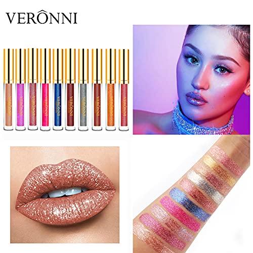 VERONNI VERONNI Diamond Glitter Lipstick Set, 10 Pcs Shimmer High Pigment Lip Gloss,Metallic Liquid Lipstick Long Lasting Waterproof Lip Gloss Makeup Kit,10pcs Lip Makeup Gift Set(10pcs together)