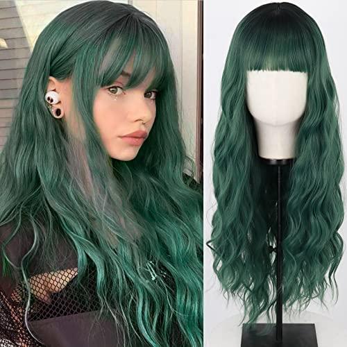 MERISIHAIR MERISIHAIR Long Dark Green Wig with Bangs,Ombre Curly Green Wig for Women,Long Dark Green Cosplay Wig Synthetic Natural Looking for Daily and Party