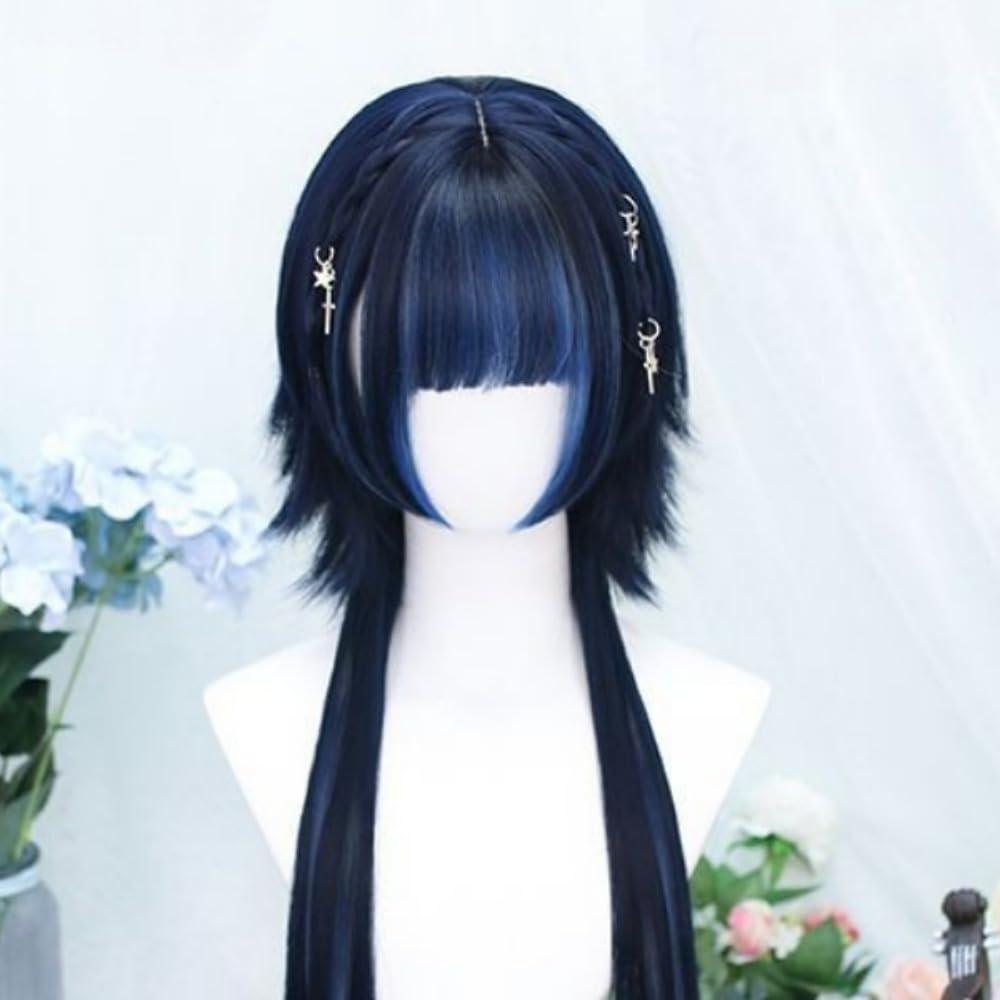 SCORRO Hime Cut Long Straight Black Layered Hair Lolita Bob Wig Hair with Bangs, Pre-styled Jellyfish Braided Hair Wig for Women Girls, Party Wig Halloween Daily Wigs (braided Styling,natural Black)