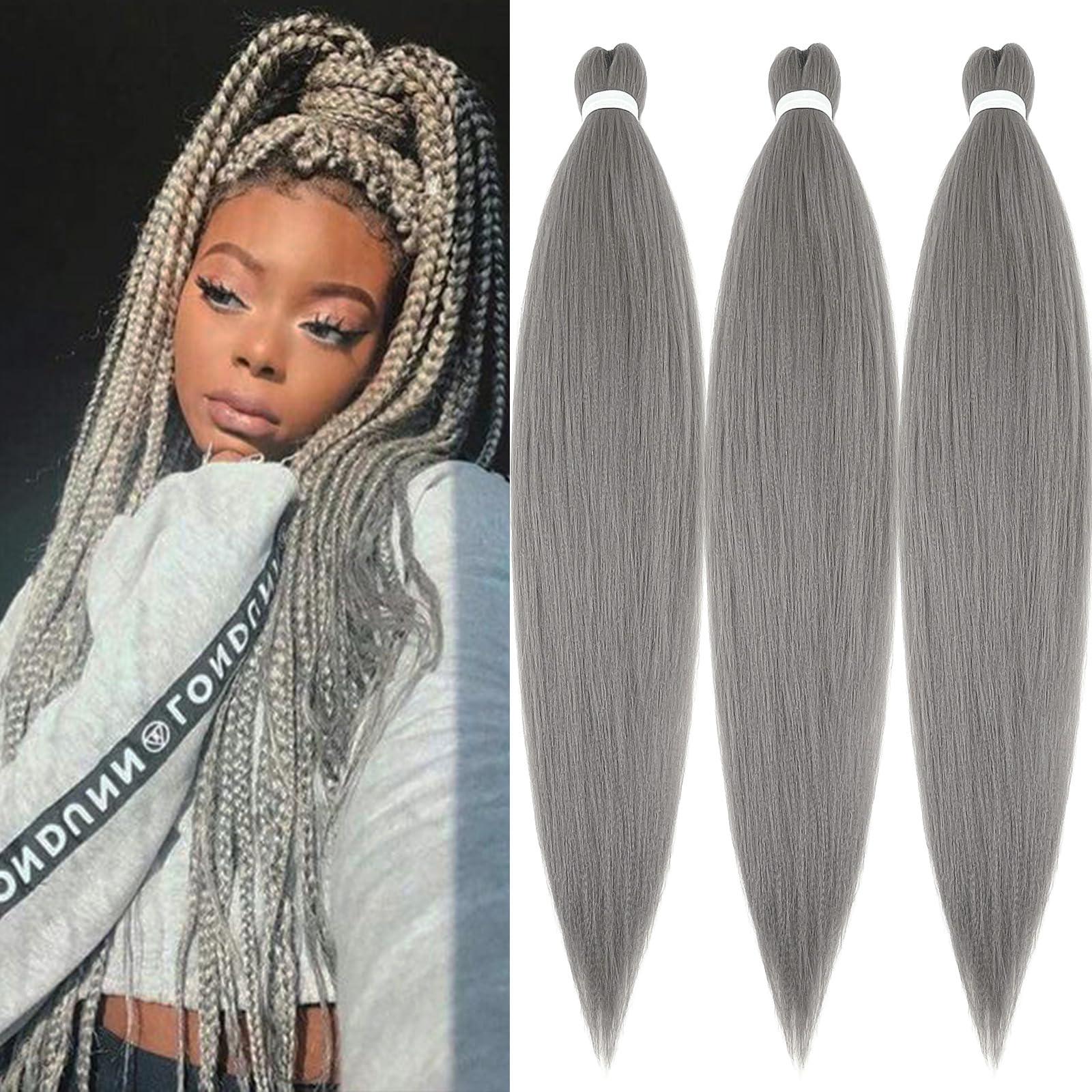 SIXERSI Grey Braiding Hair Pre Stretched Synthetic Hair for Braiding Micro Prestretched Braiding Hair 26 inch 3 Packs Long Itch Free Knotless Yaki Crochet Twist Box Braids Weave Braiding Hair Extensions