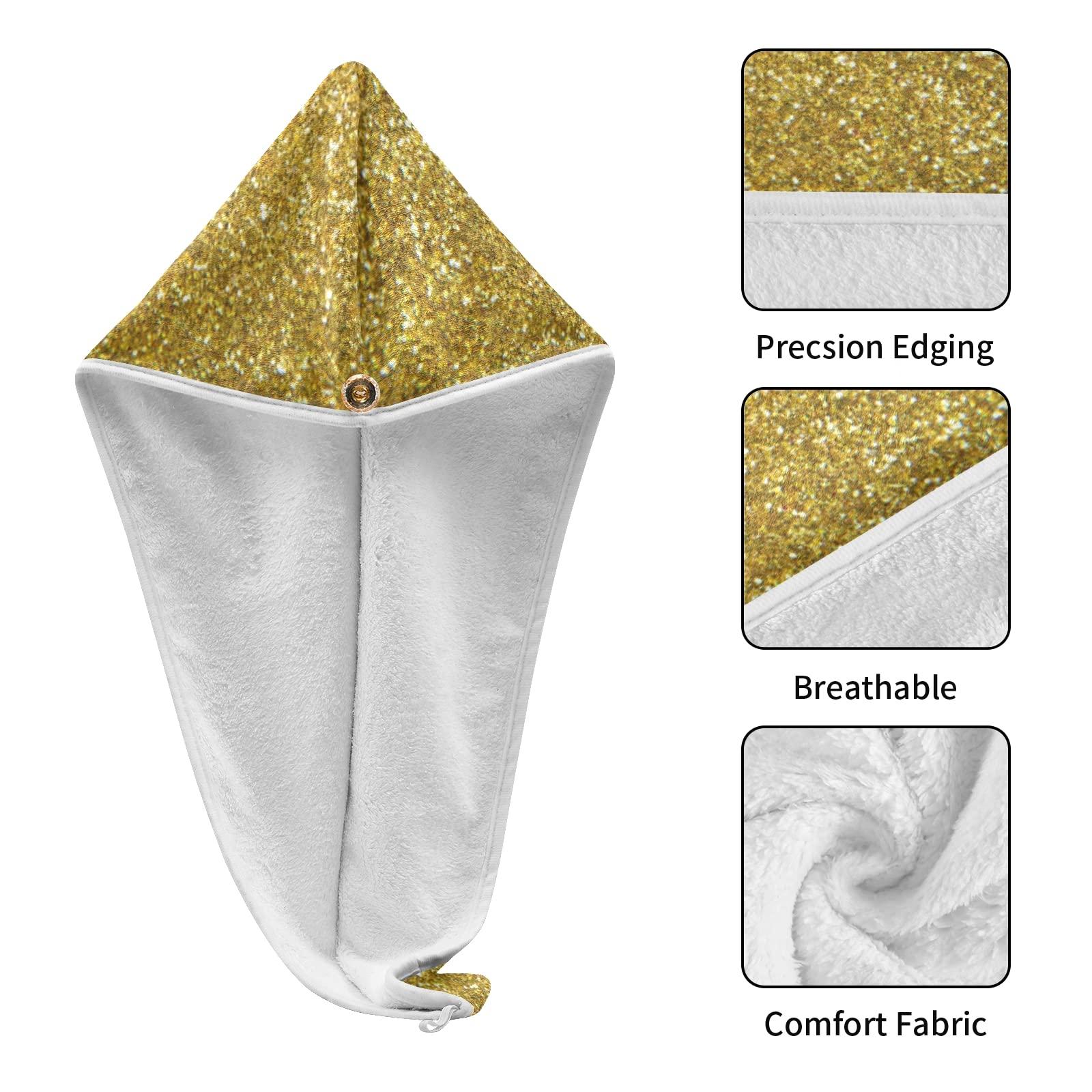 Poeticcity Golden Shiny Gold Glittering Background Yellow Holiday Tinsel 2 Packs Hair Towel Wrap, Absorbent Turban Bath Hair Towel Hat, Quick Drying Hair Towel with Button for Curly, Long, Thick Hair