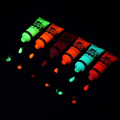 Entweg Glow in The Dark Body Paint,Entweg 24 Tubes 10Ml/0.34Oz Art Body Paint Glow in Uv Light Face & Body Paint with 6 Colors Glow Blacklight Neon Fluorescent for Party Clubbing Festival Halloween Makeup