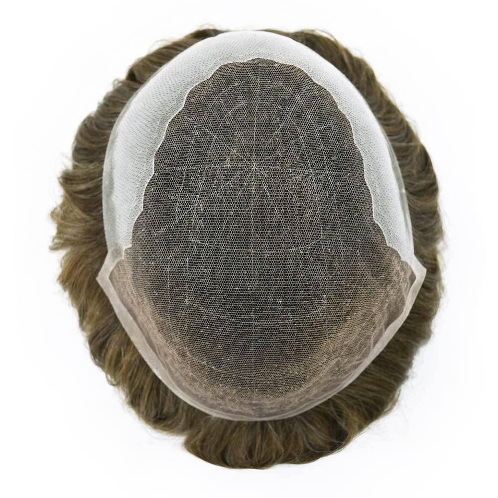 SINGA HAIR Mens Toupee Human Hair System Replacement Transparent French Lace Toupee for Men Hairpieces Very Light Brown Men's Hair Piece Unit 7''X9'' #7 120% Medium Light to Medium Density