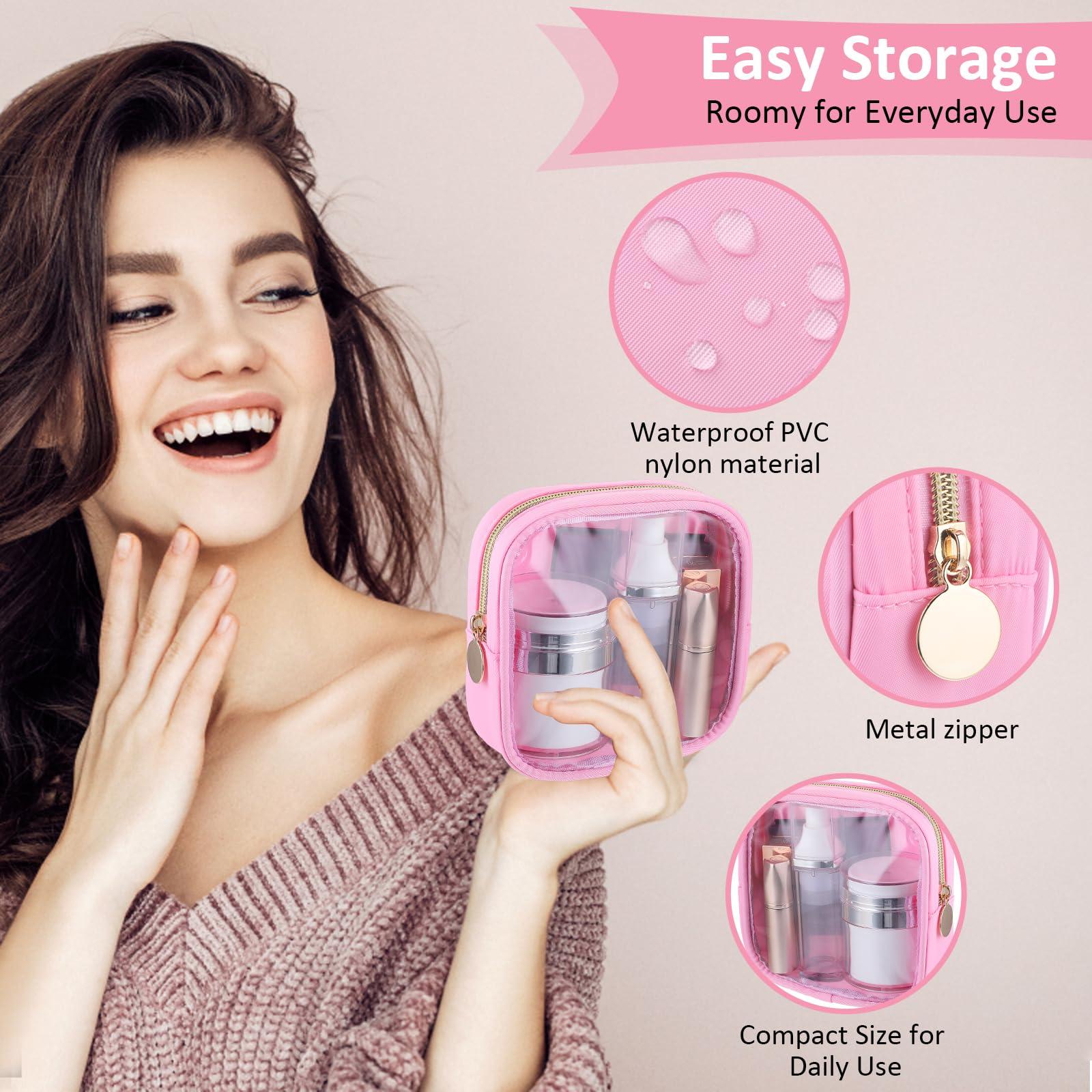 TIESOME TIESOME Small Clear Makeup Bags with Zipper, Cute Waterproof Cosmetic Bag Travel Toiletry Bag PVC Transparent Makeup Organizer Bag Coin Purse Mini Makeup Bag Nylon Travel Pouch for Women(Pink)