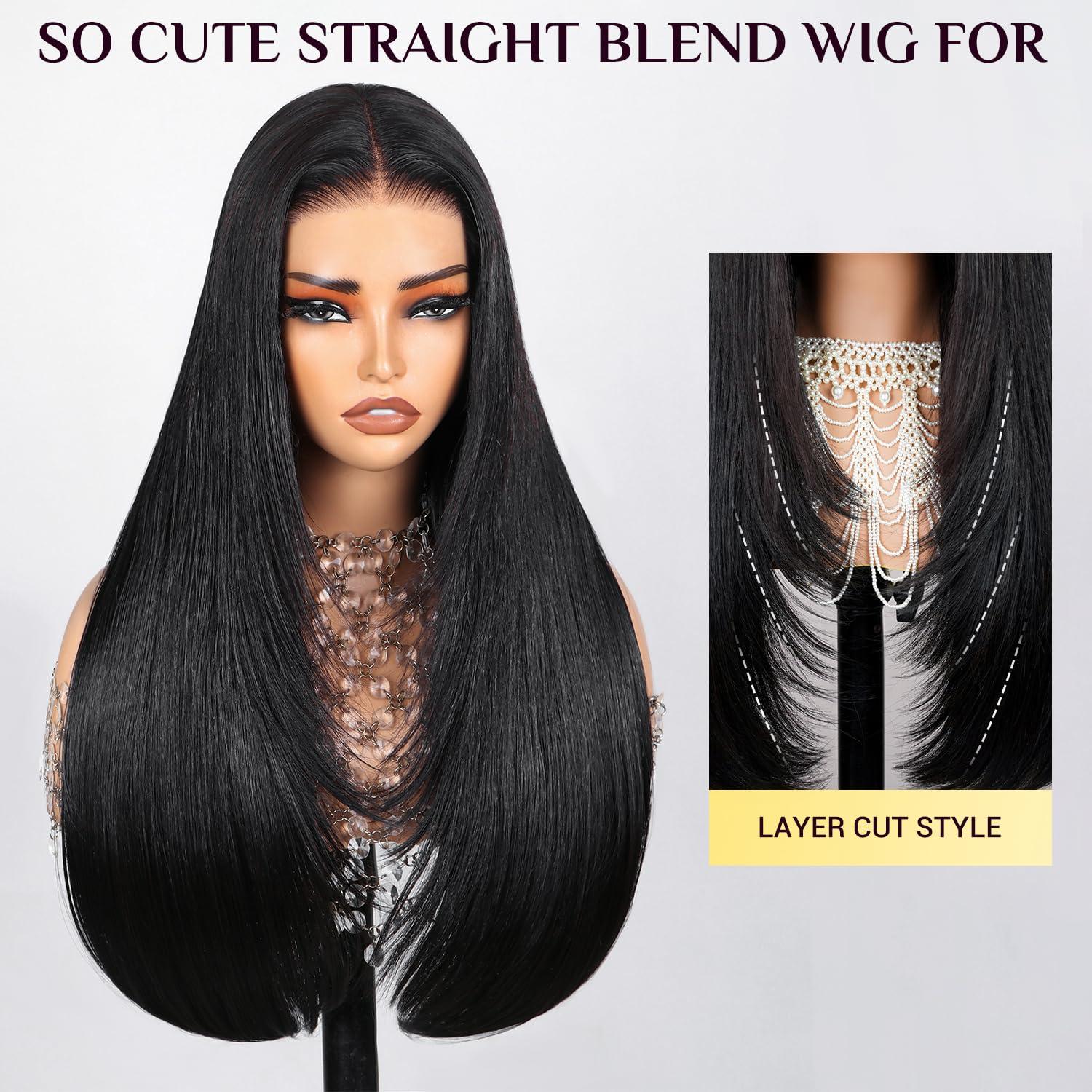 TESLAL TESLAL Blend Wigs Human Hair Glueless Wear and Go Glueless Wigs Human Hair Pre Plucked Pre Cut Layered Wig Straight 6X6 Synthetic and Human Hair Blend Wig 22Inch Black Color 260% Density