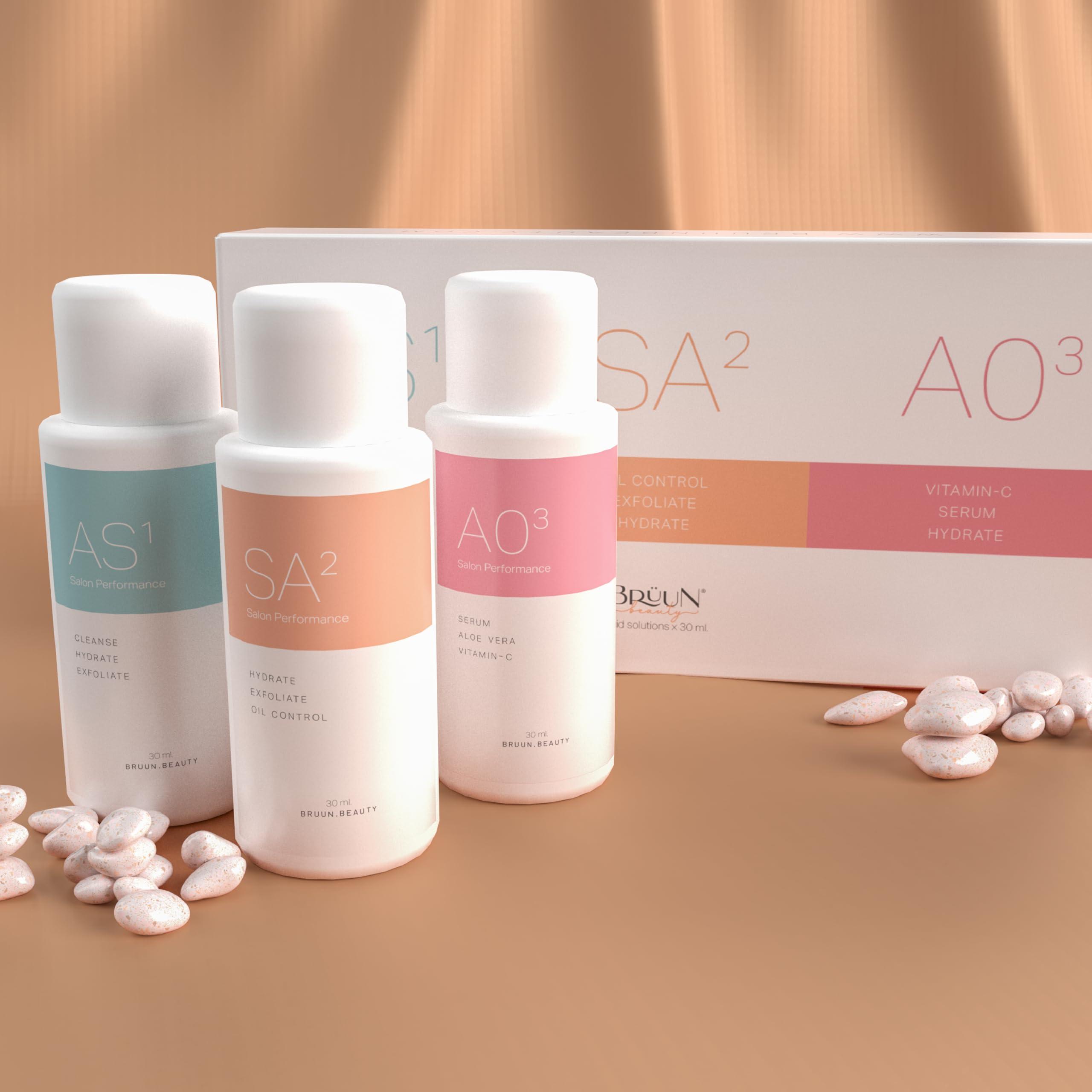 BRUN BRUN Facial Machine Concentrated Serums for Facial Cleansing A Pack of 30 ml 3 Aqua Peeling Solution AS1, SA2, and AO3 Skin Care Solution Vacuum Face Cleaning Jet for Home and Spa
