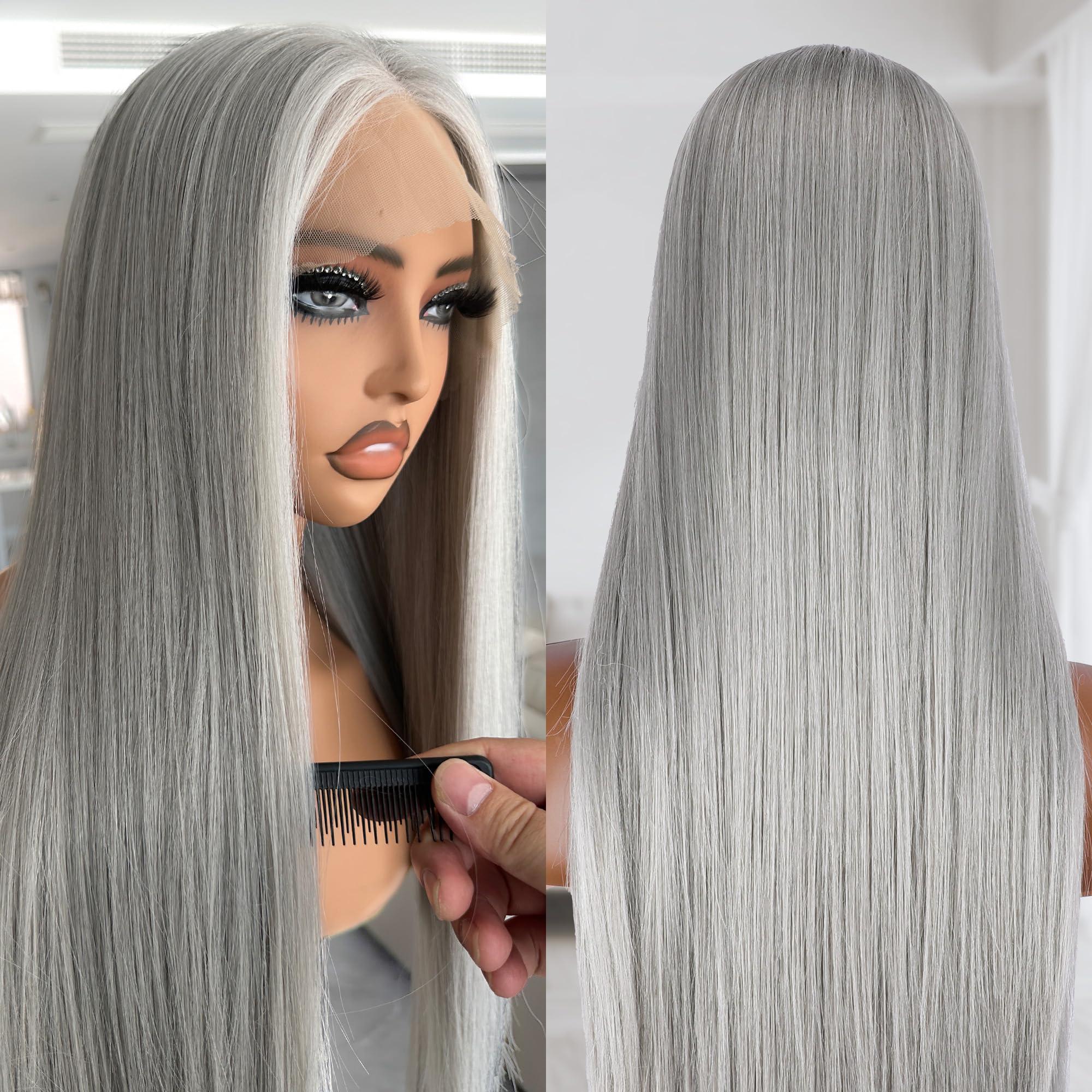 BLL BLL Silver Lace Front Wig, 30 Inch Gray Straight Hair Synthetic Ash White Lace Front Wigs For Women (Silver, 30 Inch)