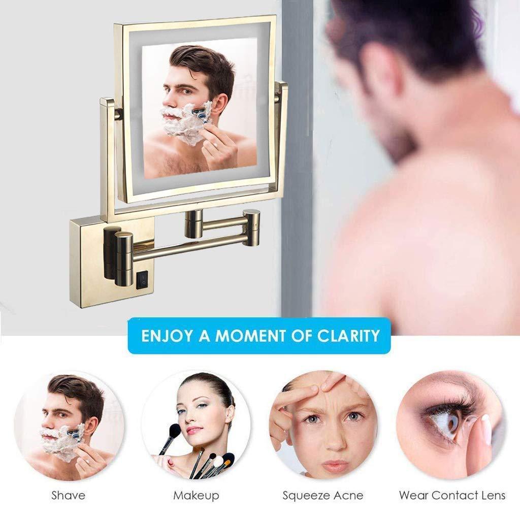 GANGEV GANGEV 8 Inch Bathroom Shaving Mirror Wall Mounted Square Vanity Mirror Gold Swivel 3X Magnification Two-Sided, with Plug