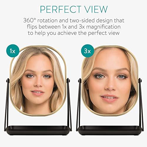 Navaris Navaris Magnifying Table Top Mirror - Double-Sided 1x/3x Magnification Vanity Makeup Mirror with Tray - for Bathroom, Bedroom, Desk - Black and Gold
