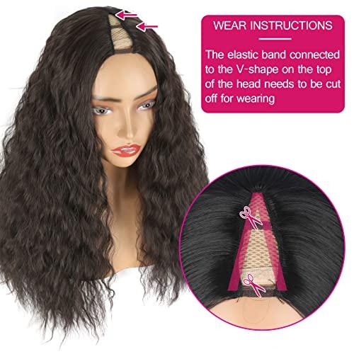 Matthia Long Curly Wig V Part Wigs Synthetic Half Wigs for Black Women, Glueless Wigs Chocolate Brown Deep Wave V Part Wig No Leave Out Thin Part Wig U Part Wigs for Women Clip in Extensions