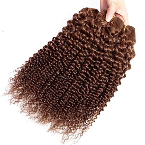 FEEL ME FEEL ME Light Brown Curly Human Hair Bundles Brazilain Deep Curly Hair Weave 3 Bundles Mixed Length (12 14 16) Unprocessed Virgin Human Hair Extension Kinky Curly Bundles Deals Total 300gram