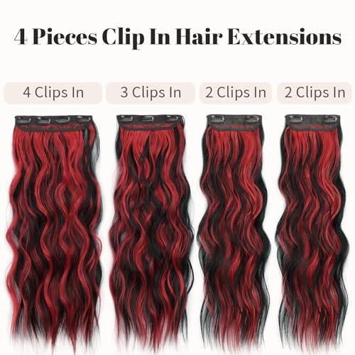 KooKaStyle KooKaStyle Hair Extensions Black Hair with Red Highlights Clip in Synthetic Highlight Hair Extensions Long Wavy 4PCS Thick Hairpieces 20 Inch for Women