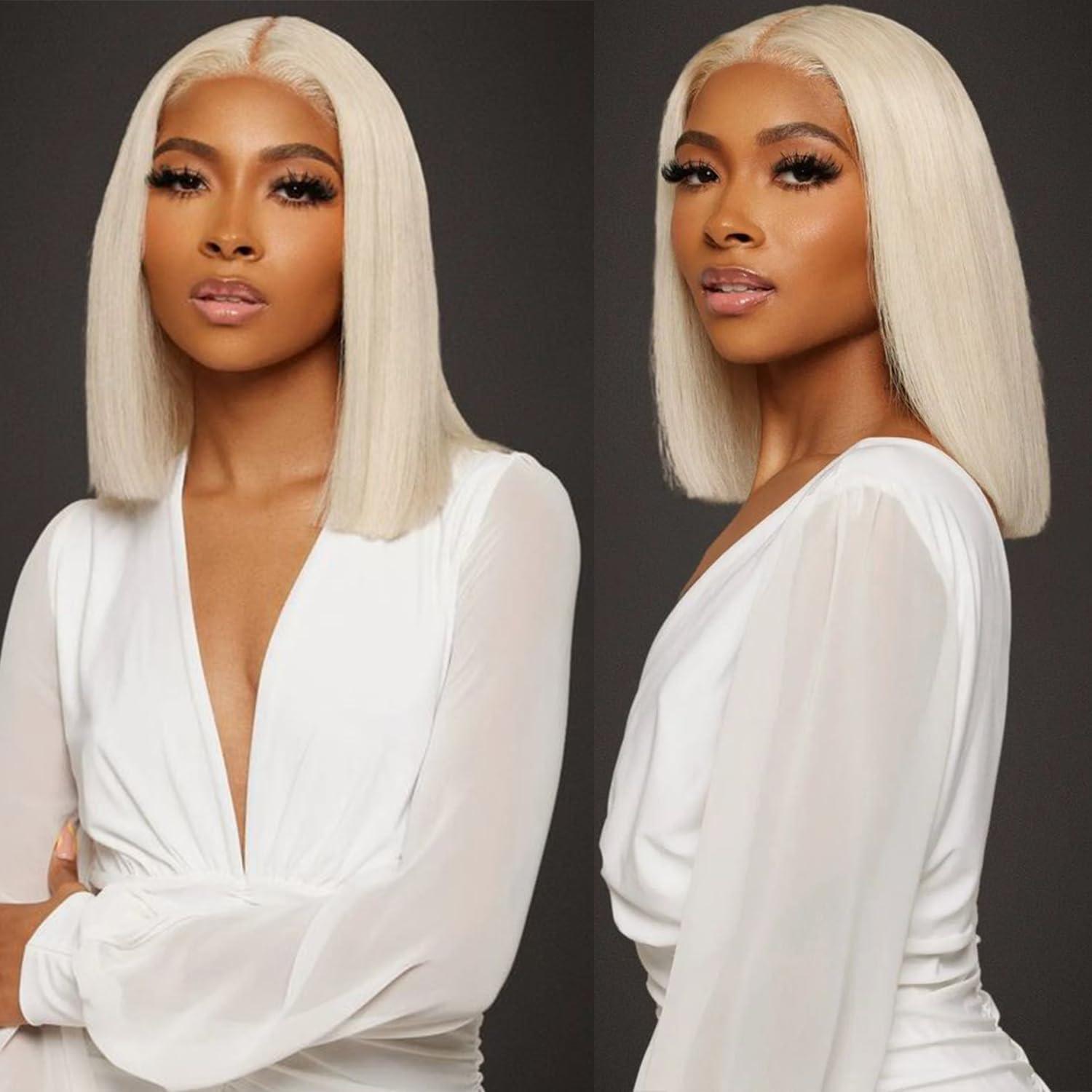 Byluxurious Byluxurious 60# Grey Platinum Blonde Wig Human Hair for White Pre Plucked HD Transparent Short Bob Wigs Human Hair Silver Ash White Lace front Wig For Women T Part Brazilian Hair 12 Inch 150 Density