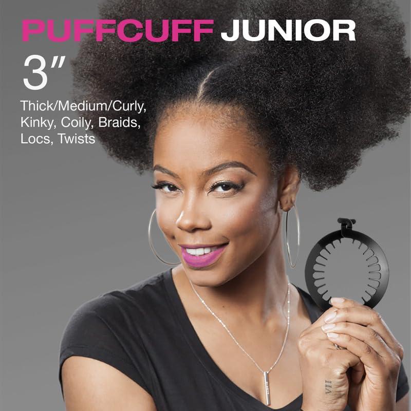 PuffCuff PuffCuff Junior 3\" Hair Clamp, For All Natural Curly, Thick, Kinky, Textured, Locs, or Braided Hair, Painless, Damage-Free Styling Tool Made Specifically for Big Hair, Black, 2 Pieces