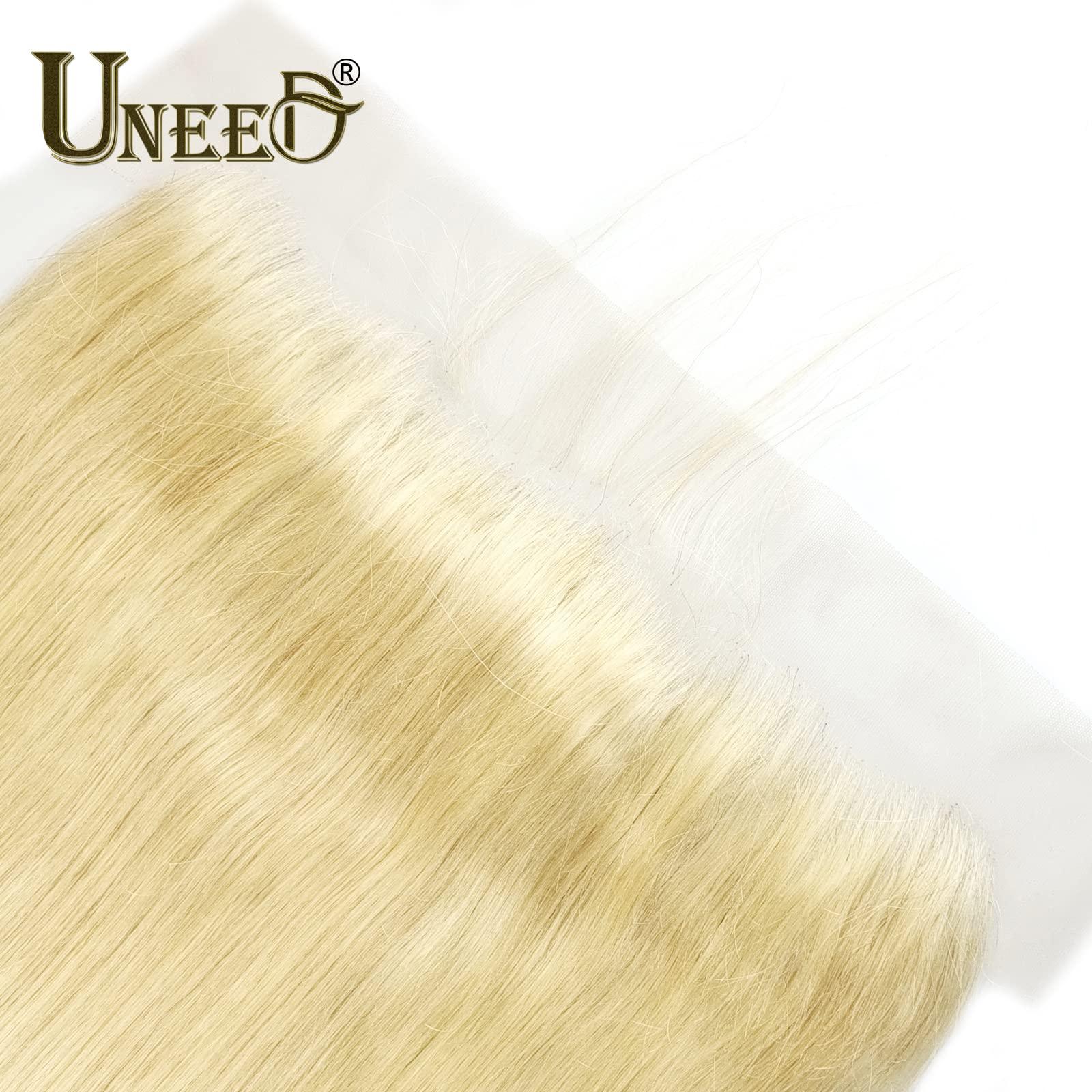UNEED UNEED 613 Blonde Frontal 13x4 Human Hair 16 Inch Straight Brazilian Virgin Hair Frontal 12A Transparent HD Lace Pre Plucked with Natural Hairline