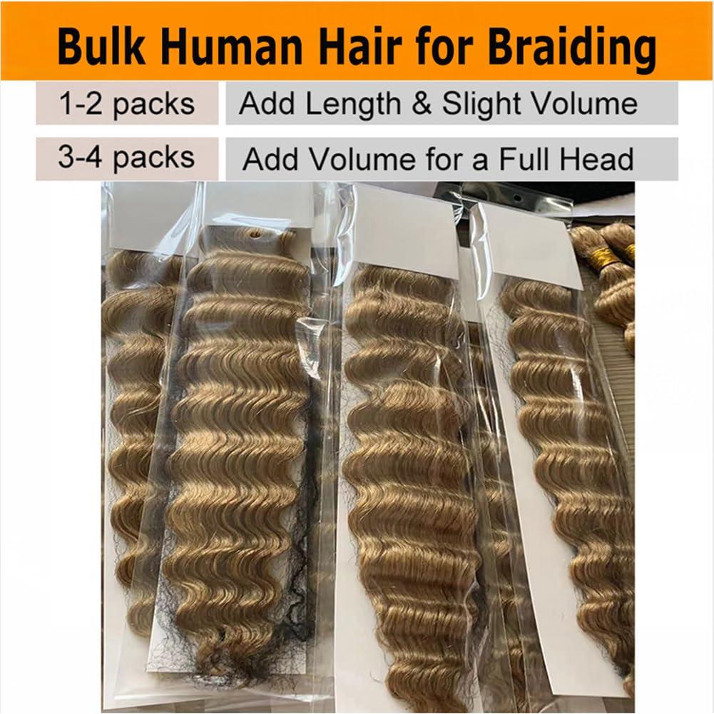 Kiss darling LASHES Kiss darling LASHES Bulk Human Hair for Braiding Deep Wave Human Braiding Hair Micro Braiding Hair Extensions #27 Honey Blonde Raw Bulk Hair No Weft for Box Boho Braids 22inch 100g/bundles